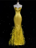 Bonnyshow Modest Mermaid Strapless Yellow Satin Party Dress Long Prom Dress Evening Dresses SD1849
