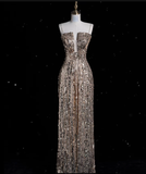Bonnyshow Aesthetic A line Spaghetti Straps Sequin Long Evening Dress Prom Dresses SD1850
