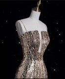 Bonnyshow Aesthetic A line Spaghetti Straps Sequin Long Evening Dress Prom Dresses SD1850