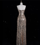 Bonnyshow Aesthetic A line Spaghetti Straps Sequin Long Evening Dress Prom Dresses SD1850