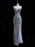 Bonnyshow Aesthetic Sheath Spaghetti Straps Sequin Silver Long Evening Dress Prom Dresses SD1851