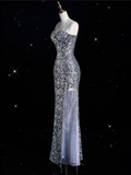 Bonnyshow Aesthetic Sheath Spaghetti Straps Sequin Silver Long Evening Dress Prom Dresses SD1851