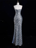 Bonnyshow Aesthetic Sheath Spaghetti Straps Sequin Silver Long Evening Dress Prom Dresses SD1851