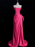 Bonnyshow Modest Mermaid Strapless Pink Satin Party Dress Long Prom Dress Evening Dresses SD1852