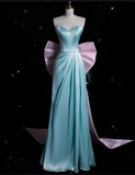 Bonnyshow Modest A Line Sweetheart Blue Satin Party Dress Long Prom Dress Evening Dresses SD1853