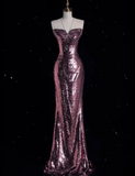 Bonnyshow Modest Mermaid Strapless Sequin Party Dress Long Prom Dress Evening Dresses SD1854
