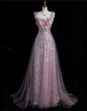 Bonnyshow Modest A Line Straps Sequin Pink Party Dress Long Prom Dress Evening Dresses SD1855