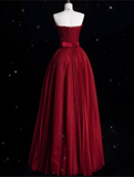 Bonnyshow Modest A Line Strapless Burgundy Party Dress Long Prom Dress Evening Dresses SD1856