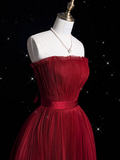 Bonnyshow Modest A Line Strapless Burgundy Party Dress Long Prom Dress Evening Dresses SD1856