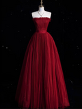 Bonnyshow Modest A Line Strapless Burgundy Party Dress Long Prom Dress Evening Dresses SD1856