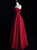 Bonnyshow Modest A Line Strapless Burgundy Party Dress Long Prom Dress Evening Dresses SD1856