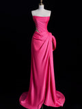 Bonnyshow Modest Mermaid Strapless Pink Satin Party Dress Long Prom Dress Evening Dresses SD1852