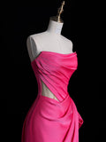 Bonnyshow Modest Mermaid Strapless Pink Satin Party Dress Long Prom Dress Evening Dresses SD1852