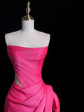 Bonnyshow Modest Mermaid Strapless Pink Satin Party Dress Long Prom Dress Evening Dresses SD1852