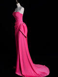 Bonnyshow Modest Mermaid Strapless Pink Satin Party Dress Long Prom Dress Evening Dresses SD1852