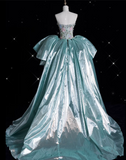 Bonnyshow Modest Mermaid Sweetheart Satin Blue Party Dress Long Prom Dress Evening Dresses SD1859