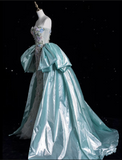 Bonnyshow Modest Mermaid Sweetheart Satin Blue Party Dress Long Prom Dress Evening Dresses SD1859