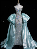Bonnyshow Modest Mermaid Sweetheart Satin Blue Party Dress Long Prom Dress Evening Dresses SD1859