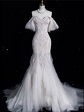 Bonnyshow Sexy Mermaid Off The Shoulder White Lace Long Wedding Dresses Brides Dress SD1860