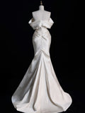 Bonnyshow Sexy Mermaid Off The Shoulder Ivory Satin Long Wedding Dresses Brides Dress SD1861