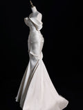 Bonnyshow Sexy Mermaid Off The Shoulder Ivory Satin Long Wedding Dresses Brides Dress SD1861