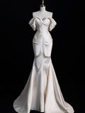 Bonnyshow Sexy Mermaid Off The Shoulder Ivory Satin Long Wedding Dresses Brides Dress SD1861