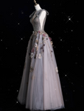 Bonnyshow Sexy Ball Gown V Neckline Gray Tulle Floral Long Evening Gowns Prom Dresses SD1862