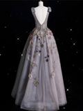 Bonnyshow Sexy Ball Gown V Neckline Gray Tulle Floral Long Evening Gowns Prom Dresses SD1862