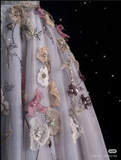 Bonnyshow Sexy Ball Gown V Neckline Gray Tulle Floral Long Evening Gowns Prom Dresses SD1862