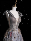 Bonnyshow Sexy Ball Gown V Neckline Gray Tulle Floral Long Evening Gowns Prom Dresses SD1862