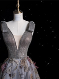 Bonnyshow Sexy Ball Gown V Neckline Gray Tulle Floral Long Evening Gowns Prom Dresses SD1862