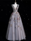 Bonnyshow Sexy Ball Gown V Neckline Gray Tulle Floral Long Evening Gowns Prom Dresses SD1862