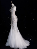 Bonnyshow Sexy Mermaid Strapless Tulle With Silver Beads Long Wedding Dresses Brides Dress SD1864