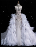 Bonnyshow Sexy Mermaid Strapless Tulle With Silver Beads Long Wedding Dresses Brides Dress SD1864