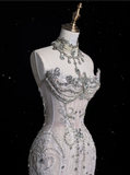 Bonnyshow Sexy Mermaid Strapless Tulle With Silver Beads Long Wedding Dresses Brides Dress SD1864