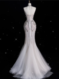 Bonnyshow Sexy Mermaid Strapless Tulle With Silver Beads Long Wedding Dresses Brides Dress SD1864