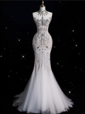 Bonnyshow Sexy Mermaid Strapless Tulle With Silver Beads Long Wedding Dresses Brides Dress SD1864
