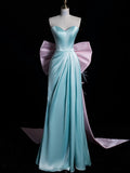 Bonnyshow Modest A Line Sweetheart Blue Satin Party Dress Long Prom Dress Evening Dresses SD1853
