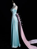 Bonnyshow Modest A Line Sweetheart Blue Satin Party Dress Long Prom Dress Evening Dresses SD1853