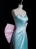 Bonnyshow Modest A Line Sweetheart Blue Satin Party Dress Long Prom Dress Evening Dresses SD1853