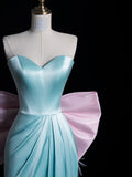 Bonnyshow Modest A Line Sweetheart Blue Satin Party Dress Long Prom Dress Evening Dresses SD1853