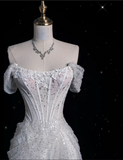 Bonnyshow Sexy Mermaid Off The Shoulder White Lace Sequin Long Wedding Dresses Brides Dress SD1867