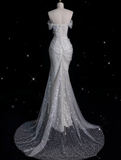 Bonnyshow Sexy Mermaid Off The Shoulder White Lace Sequin Long Wedding Dresses Brides Dress SD1867