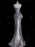 Bonnyshow Sexy Mermaid Strapless Sequin Silver Evening Gowns Long Prom Dresses SD1868