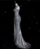 Bonnyshow Sexy Mermaid Strapless Sequin Silver Evening Gowns Long Prom Dresses SD1868