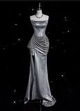 Bonnyshow Sexy Mermaid Strapless Sequin Silver Evening Gowns Long Prom Dresses SD1868