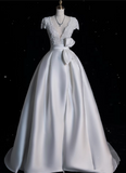 Bonnyshow Aesthetic Ball Gown V Neckline Satin White Long Wedding Dresses Brides Dress SD1869