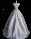 Bonnyshow Aesthetic Ball Gown V Neckline Satin White Long Wedding Dresses Brides Dress SD1869