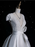 Bonnyshow Aesthetic Ball Gown V Neckline Satin White Long Wedding Dresses Brides Dress SD1869