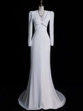 Bonnyshow Sexy Mermaid V Neckline Long Sleeves White Satin Wedding Dresses Brides Dress SD1870